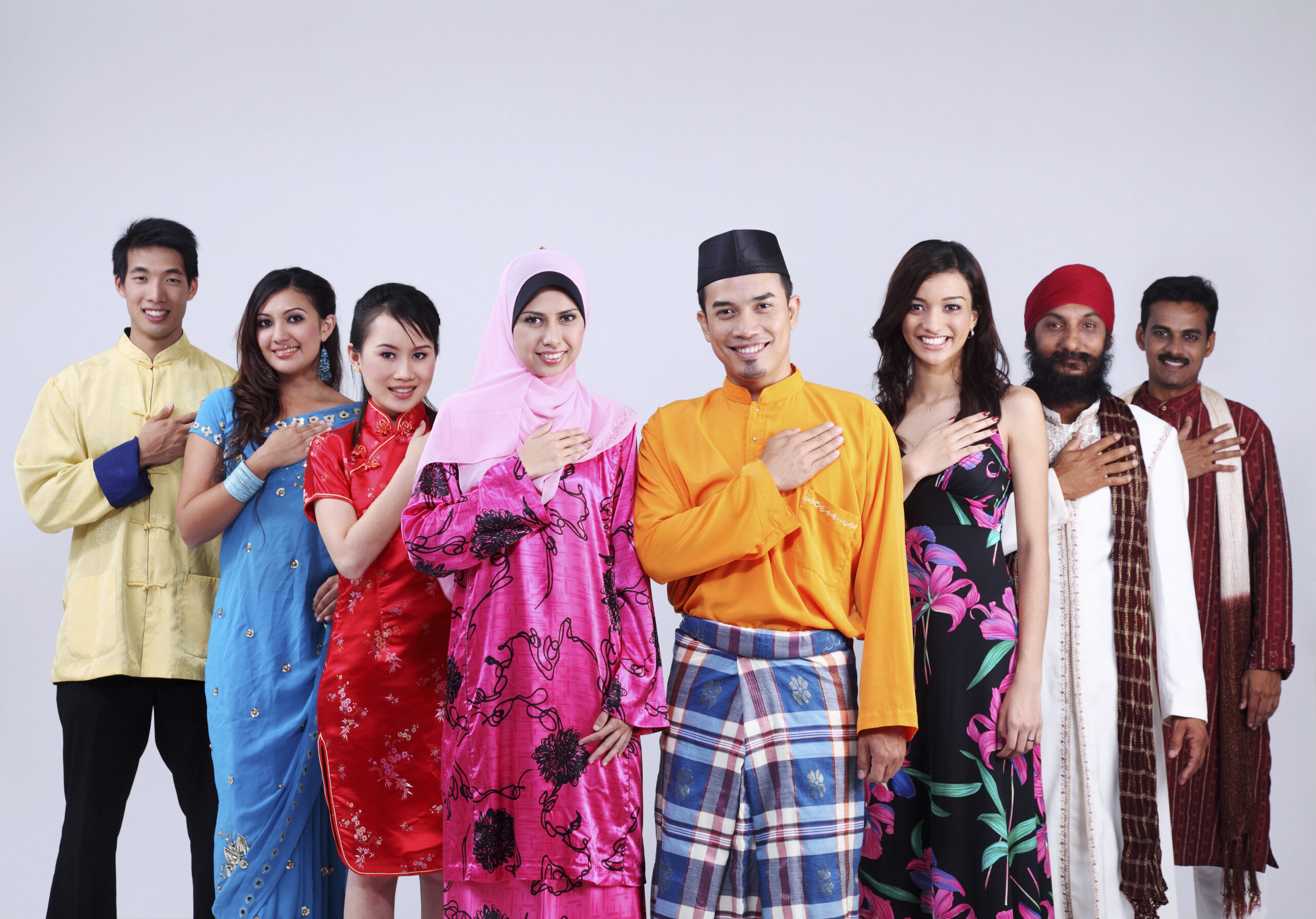 Portrait of mix races men and women with welcome hand gesture